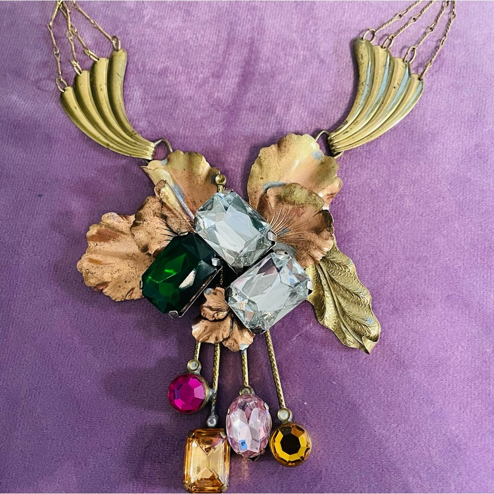 Vintage SCUDO ITALY Necklace Copper Brass Rhinestones Statement 1980's Necklace